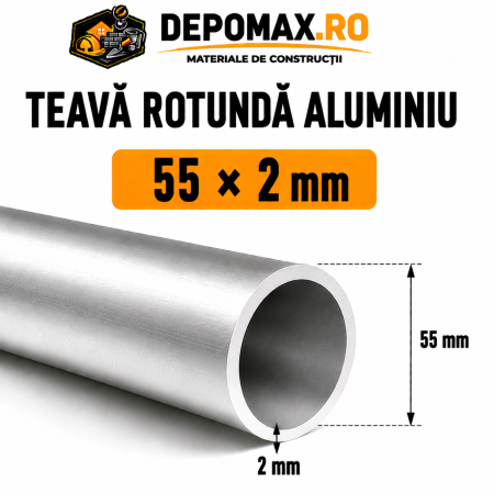 Teava rotunda aluminiu 55 x 2 mm, 6 metri (6060)